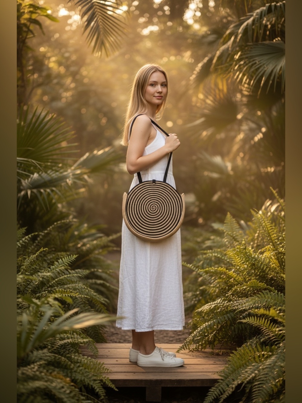 Universal Thread Tan & Black Round Straw Crossbody with Leather Pocket